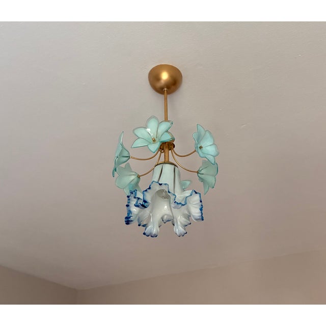 Blue Vintage Custom Hand-Painted Italian Murano Style Light Blue Floral Pendant - Restored For Sale - Image 8 of 17