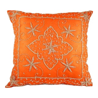 Orange Accent Throw Pillow Embellished With Sequins and Beads For Sale