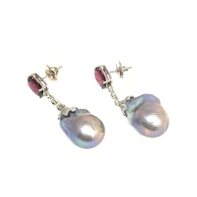 Diamond Rubellite Tourmaline Pearl Earrings 18k Gold 6.25 TCW Certified For Sale - Image 9 of 10