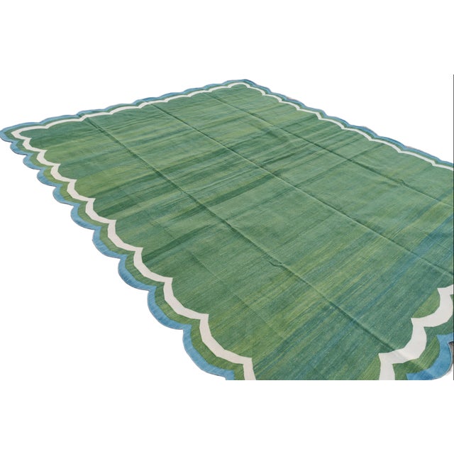 Textile Not Yet Made - Made To Order Handmade Cotton Reversible Scalloped Edge Rug Forest Green With Cream and Teal Blue Border - 9'x12' For Sale - Image 7 of 11