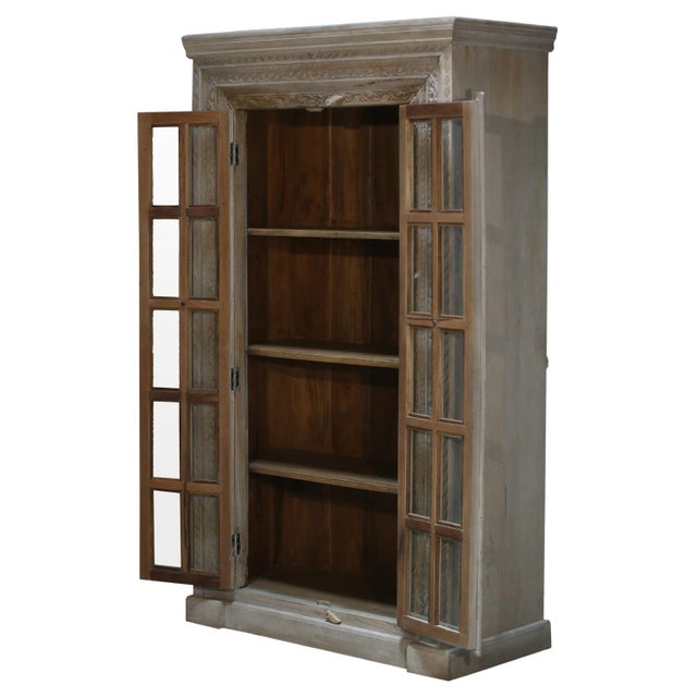 2020s Eclectic Hand Carved Farmhouse Style Armoire With Glass Panel Doors | 82 Inch and 2 Door Tall Armoire | Unique Display Cabinet For Sale - Image 5 of 8