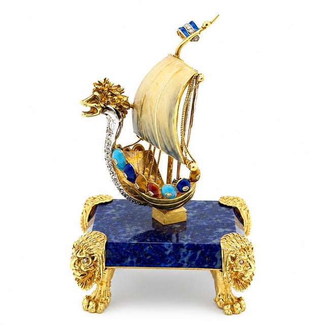 Magnificent 18k Italian Brooch, Circa 1950's. This brooch sits on a Lapis Pedestal adorned by 18k diamond eyed Lions feet,...