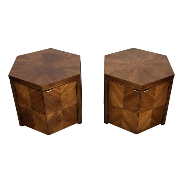 Pair of Lane Furniture Hexagonal Mid-Century Walnut Side Tables For Sale