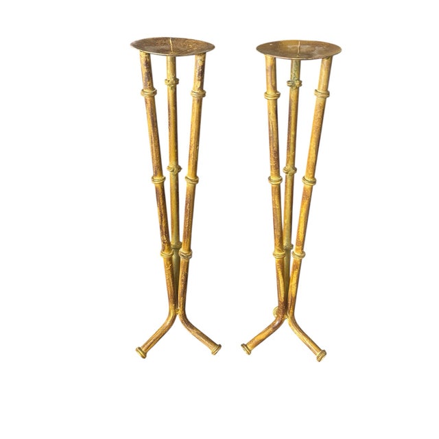 Pair of metal bamboo-look candle holders