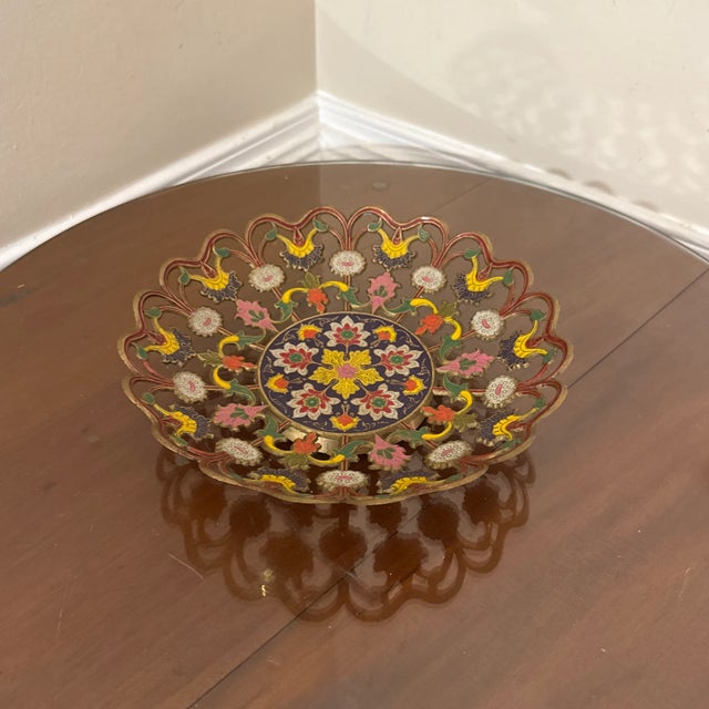 Hollywood Regency Vintage Painted Decorative Floral Brass Bowl For Sale - Image 3 of 10