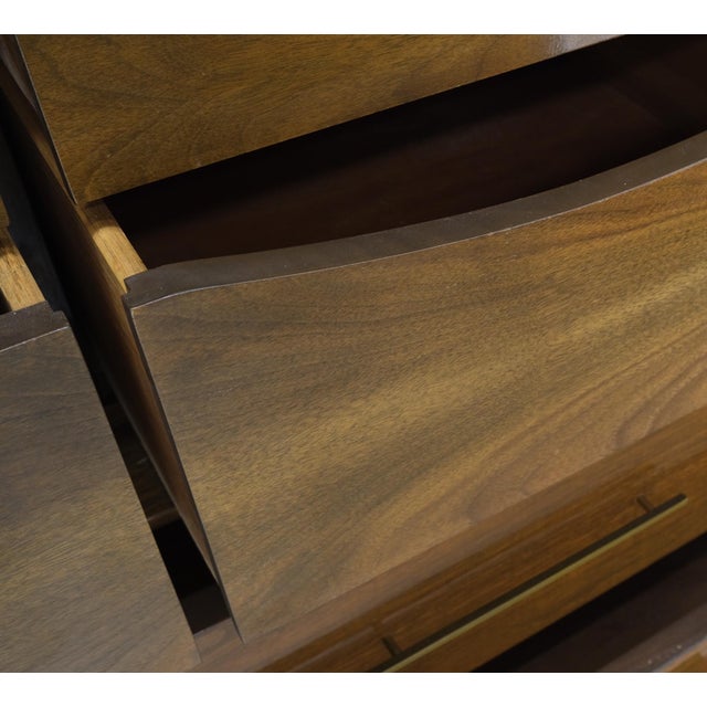 Light Walnut Bow Front Drawers Long Brass Pull Hardware Gentleman's Chest Mint For Sale - Image 16 of 18