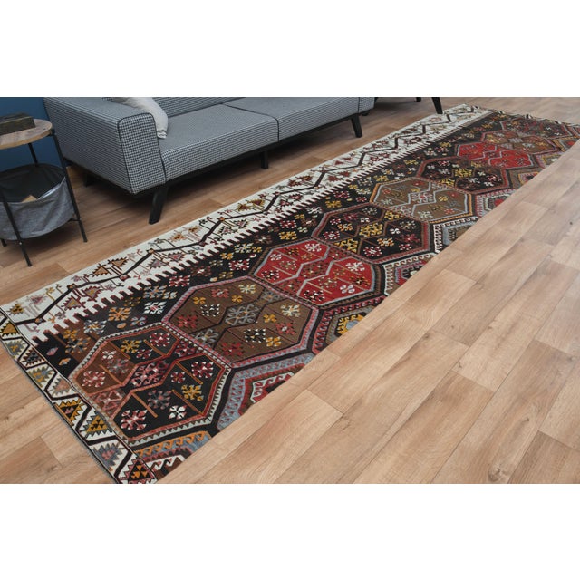 1970s 1970s Vintage Handmade Wool Cotton Black Turkish Runner Rug For Sale - Image 5 of 11
