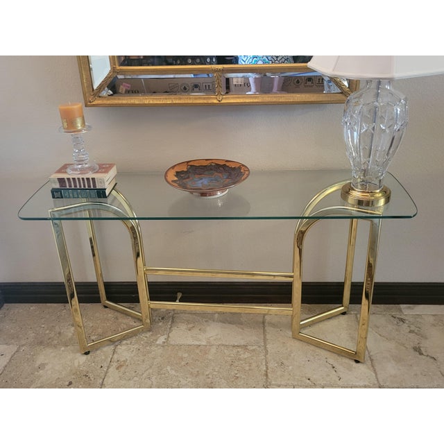 Hollywood Regency Brass and Glass Entry/Sofa Table For Sale - Image 3 of 10