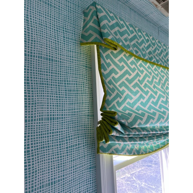Gemstone Palm Beach Style Custom Turquoise and Chartreuse Green Quadrille Aga Linen Roman Shade For Sale - Image 7 of 10