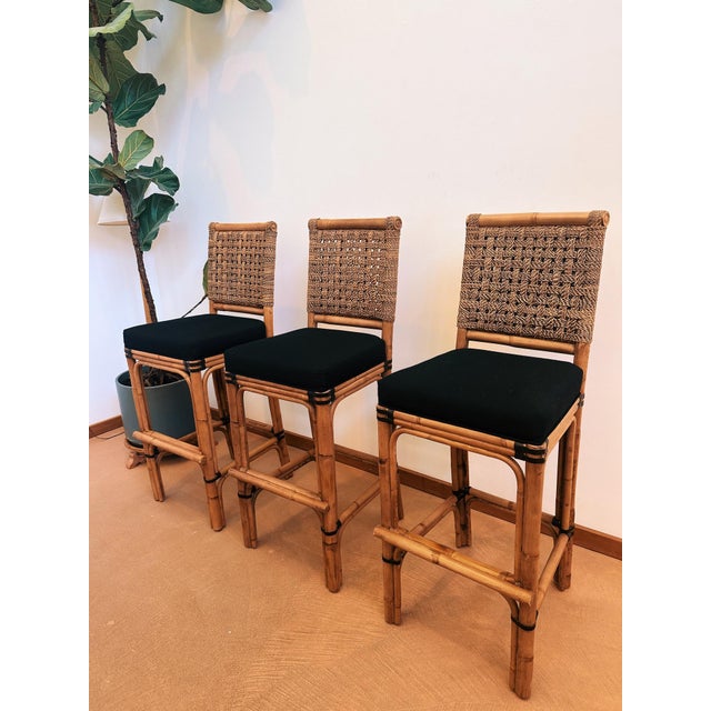 Late 20th Century Late 20th Century Palecek Rattan + Woven Seagrass Stools - Set of 3 For Sale - Image 5 of 9