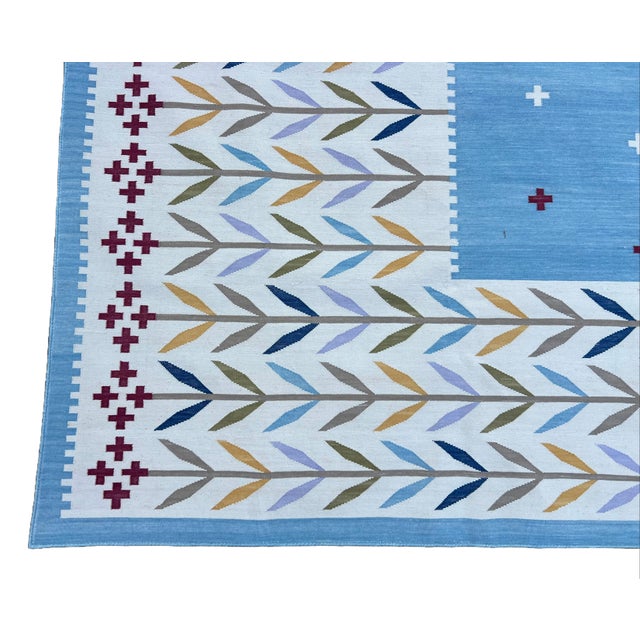 Handmade Cotton Rug, Natural Vegetable Dyed Cream, Blue, Beige and Red Leaf Rug - 9'x12' For Sale - Image 10 of 10