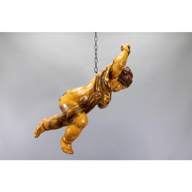 German Baroque Revival Style Polychromed Carved Wood Putto Figure For Sale - Image 13 of 18
