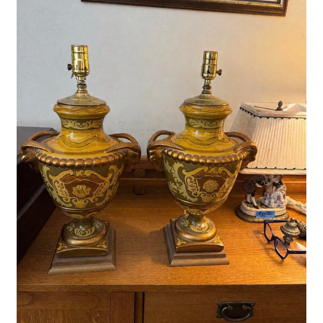 Gold Pair of Vintage Italian Ochre Glazed Ceramic Ram’s Head Urn Table Lamps For Sale - Image 8 of 9