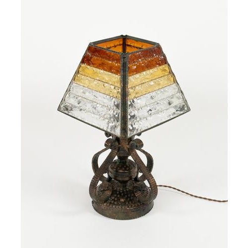 Brown Mid-Century Table Lamp Iron and Hammered Glass Longobard Style, Italy, 1970s For Sale - Image 8 of 14