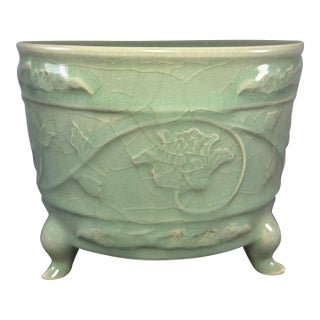 Antique Chinese Celadon Tripod Censer With Carved Floral Motifs, Collectible Antique For Sale