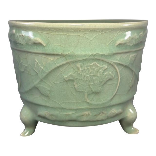 Antique Chinese Celadon Tripod Censer With Carved Floral Motifs, Collectible Antique For Sale