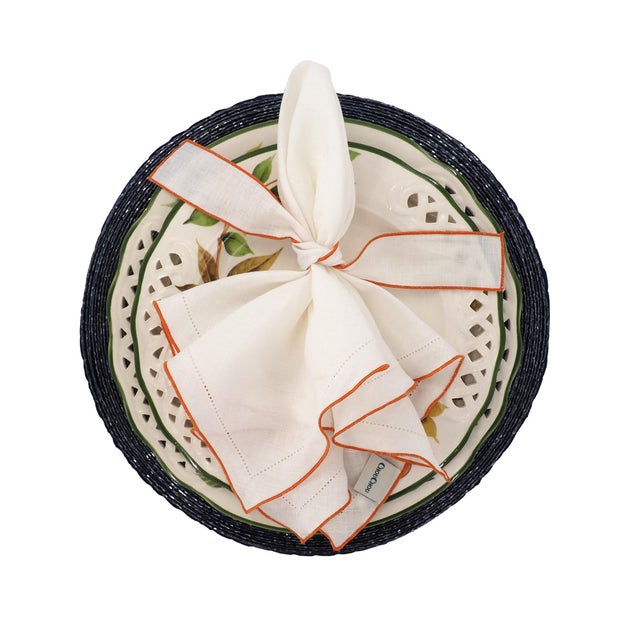 White Linen Napkins With Orange Ruffled Hemstitch Edges, Set of 4 For Sale - Image 10 of 11