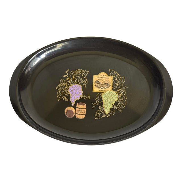 1960s Couroc Monterey Black Serving Tray With Brass and Stone Inlay Wine Motif For Sale