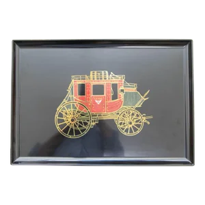 1960s Vintage Couroc of Monterey Black Tray Featuring the Wells Fargo Stagecoach