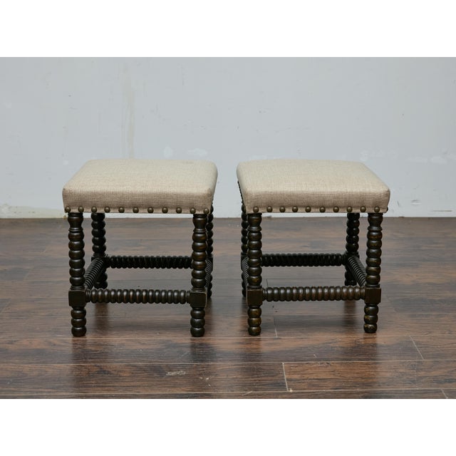 Pair of English 19th Century Ebonized Bobbin Stools with Custom Linen Upholstery For Sale - Image 4 of 9