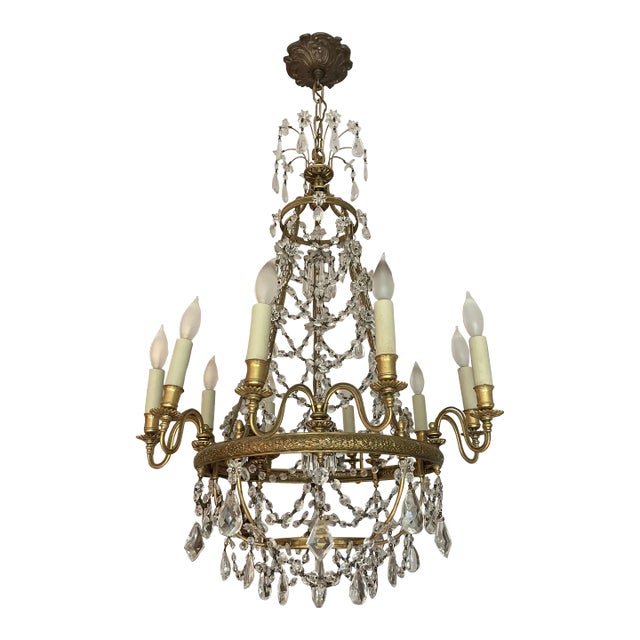 1980s Vintage Empire Brass & Crystal Basket Chandelier With 10 Lights For Sale