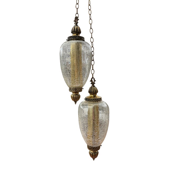 Mid Century Hanging Swag Pendant Lamps With Handblown Crackle Glass Globes- Set of 2 For Sale