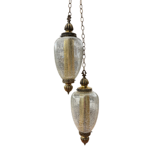 Mid Century Hanging Swag Pendant Lamps With Handblown Crackle Glass Globes- Set of 2