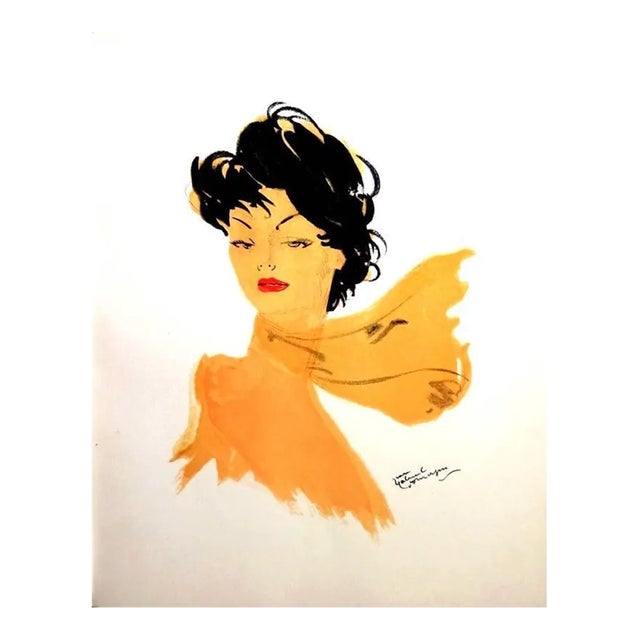 Domergue - Dark Hair Lady with a Scarf - Original Signed Lithograph 1956 For Sale
