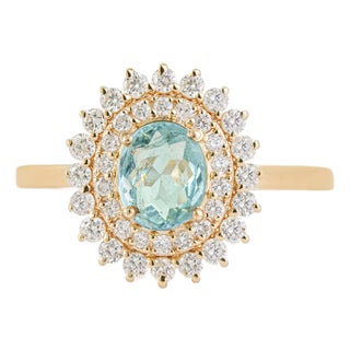 14k Yellow Gold 1.18 Ct Oval Paraiba Tourmaline & Diamond Double Halo Ring Size 4 For Sale