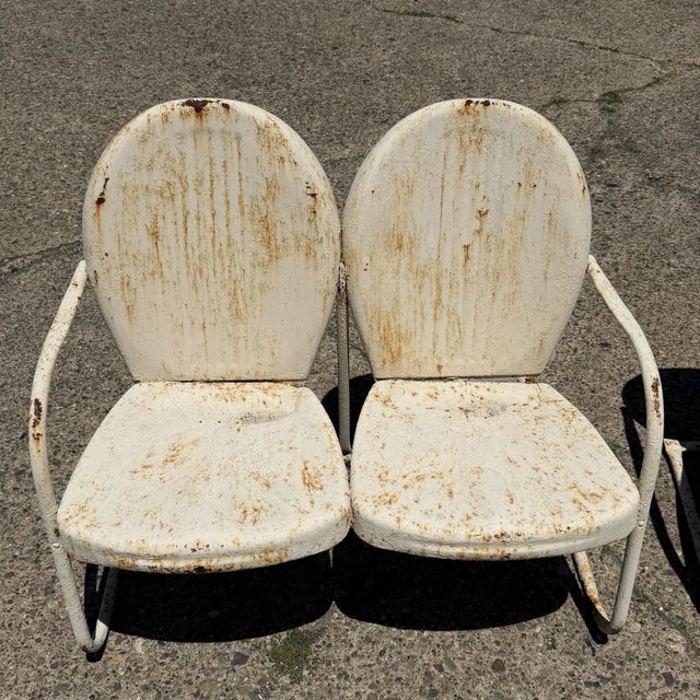 Vintage Art Deco Steel Metal Clam Shell Double Seat Porch Patio Loveseat - Pair For Sale - Image 4 of 18