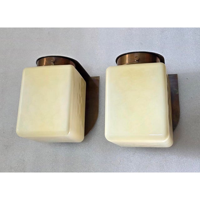 Art Deco Pair Vintage Art Deco Light Old Lamp Wall Sconces Fixture Brass & Cube Cream Milk Glass Shade Lamp Ship Light For Sale - Image 3 of 8