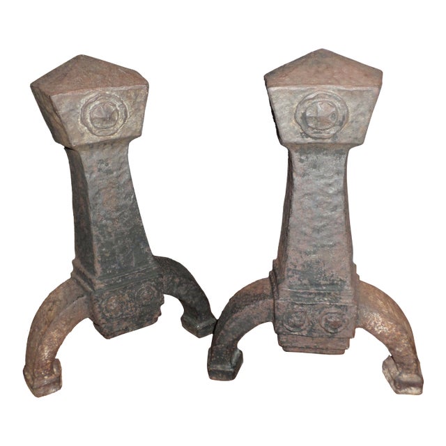 Antique Wrought Iron Hand-Hammered Arts and Craft Fire Dogs / Andirons- Set of 2 For Sale
