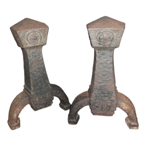 Antique Wrought Iron Hand-Hammered Arts and Craft Fire Dogs / Andirons- Set of 2
