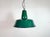 Industrial green enamel pendant light made in Poland during the 1960s. White enamel inside the shade. Iron top. The socket...