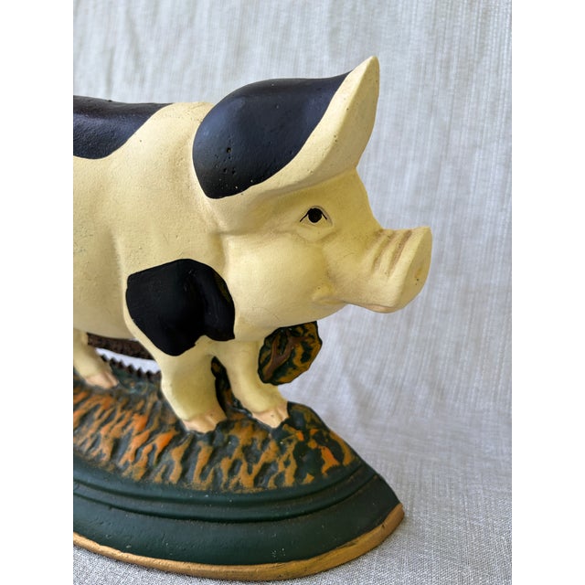 Figurative Vintage Cast Iron Happy Pig Doorstop For Sale - Image 3 of 14