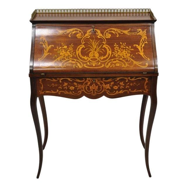 Antique French Louis XV Style Marquetry Inlaid Drop Front Ladies Writing Desk For Sale