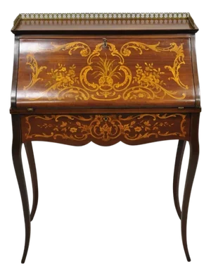 Antique French Louis XV Style Marquetry Inlaid Drop Front Ladies Writing Desk