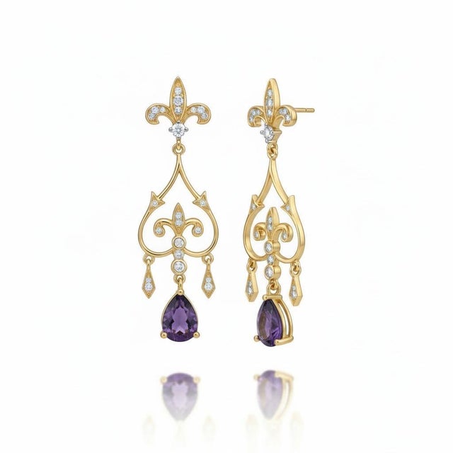 Silver, Gold Fleur de Lis Earrings with amethyst and colorless topazes. Vintage Inspired Statement Earrings. Weight: 4.5...