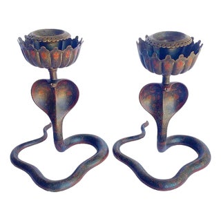 20th Century Hand Etched Persian Cobra Brass and Bronze Candle Holders, Pair For Sale