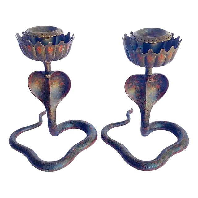 20th Century Hand Etched Persian Cobra Brass and Bronze Candle Holders, Pair For Sale