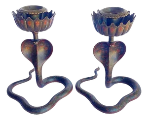 20th Century Hand Etched Persian Cobra Brass and Bronze Candle Holders, Pair