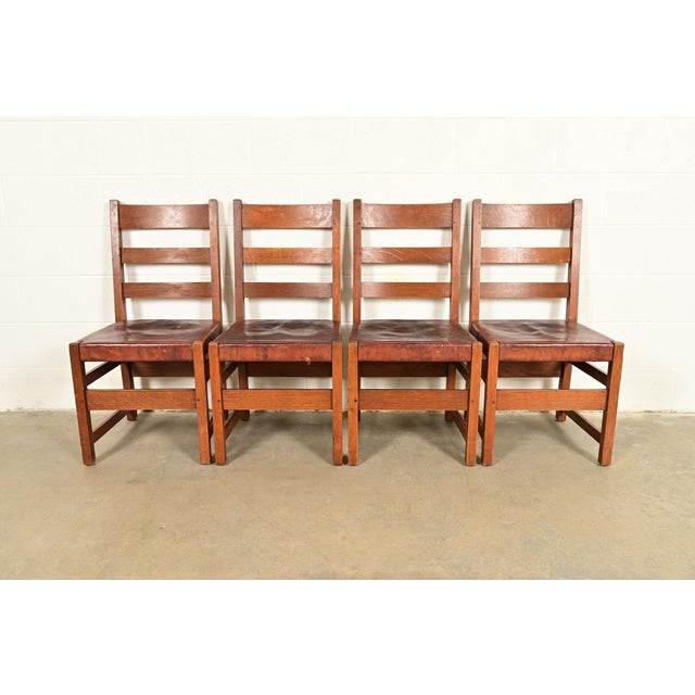 L. & J. G. Stickley Antique Mission Oak Arts & Crafts Ladder Back Dining Chairs | Set of Four For Sale - Image 16 of 16