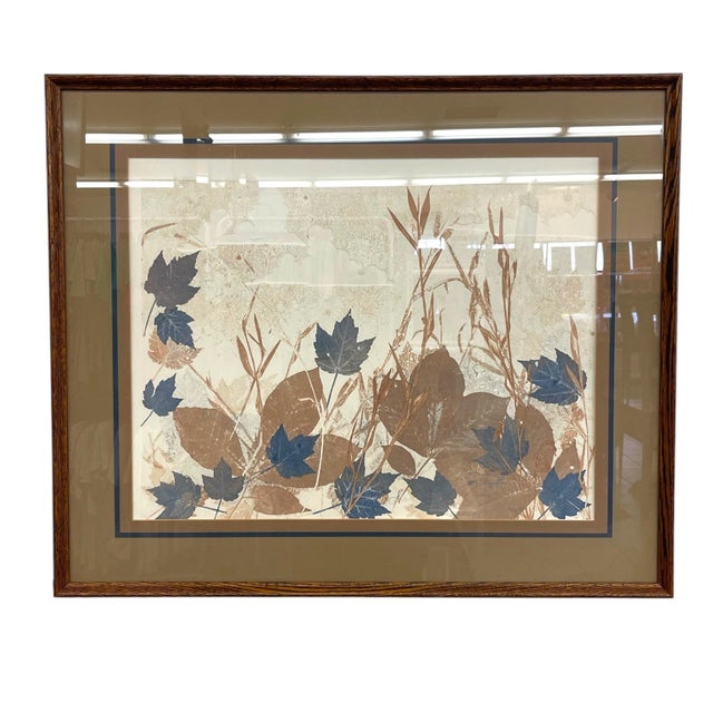 1970s Vintage Framed Botanical Leaf Artwork With Blue and Brown Foliage Motif, Mid-Century Style Wall Art For Sale - Image 5 of 9