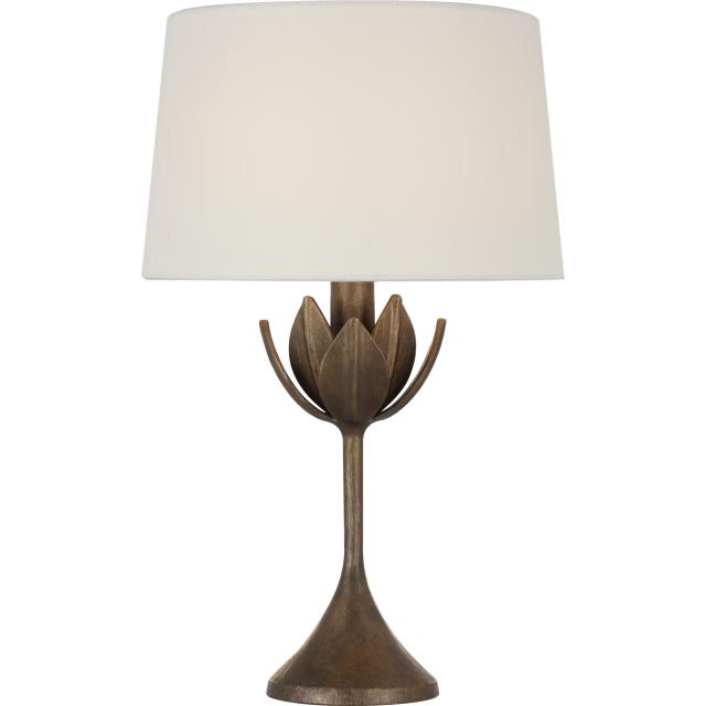 Transitional Julie Neill by Visual Comfort Signature Alberto 17" Cordless Accent Lamp in Antique Bronze Leaf with Linen Shade For Sale - Image 3 of 3
