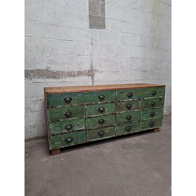 Industrial Industrial Green Wooden Drawer Cabinet For Sale - Image 3 of 10