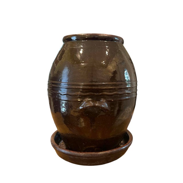 Vintage Large Hand Made Brown Glazed Redware Pottery Crock / Vessel / Olive Jar / Planter and Saucer Set For Sale In Dallas - Image 6 of 10