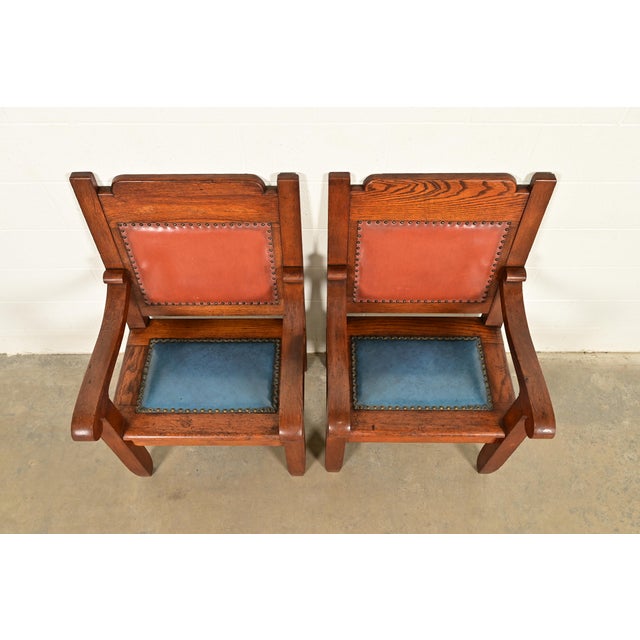Early 20th Century Harden Furniture Style Antique Arts & Crafts Carved Oak Library Chairs, Pair For Sale - Image 5 of 12