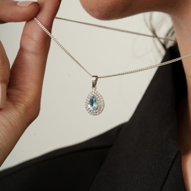 Not Yet Made - Made To Order Vintage Aquamarine Diamond Double Halo Drop Pendant in 14k Gold For Sale - Image 5 of 14