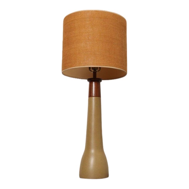 Vintage Gordon and Jane Martz Ochre Stoneware and Walnut Table Lamp With Finial For Sale