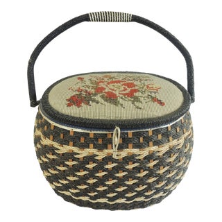Large Vintage Navy Blue Rope Floral Needlepoint Blue Satin Tufted Sewing Basket W/ Handle For Sale